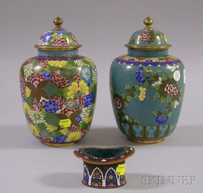 Appraisal: Two Cloisonne Covered Jars and a Hat floral and geometric