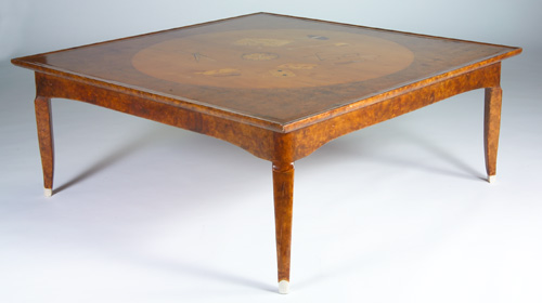 Appraisal: TSUGUHARU FOUJITA Attr Large coffee table of burl walnut satinwood