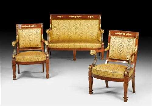 Appraisal: SMALL MAHOGANY SUITE AUX TETES DE LIONS Empire attributed to