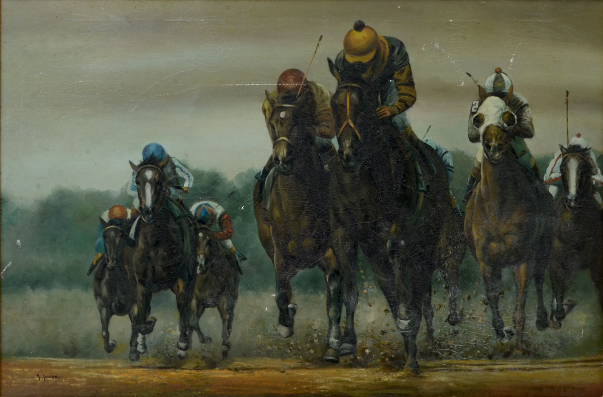 Appraisal: ILLEGIBLY SIGNED HORSE RACING PAINTING Large Oil Canvas '' x