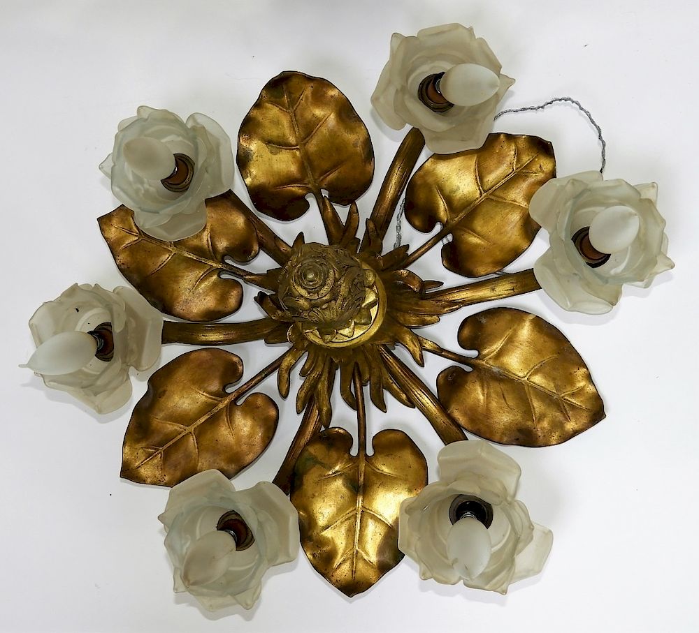 Appraisal: Gilt Brass Lotus Leaf Frosted Glass Chandelier United States th