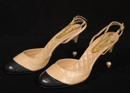 Appraisal: Chanel slingback high heel pumps contemporary Tan with black tips