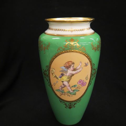 Appraisal: Minton Porcelain Vase cherub medallions green field fine goldwork tall