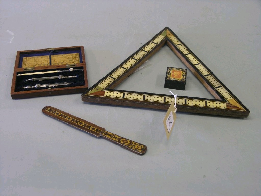 Appraisal: An inlaid triangular cribbage board Tunbridge Ware paper knife Tunbridge