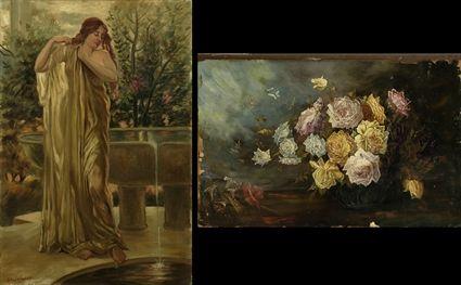 Appraisal: Three Portraits of Young Maidens and a Floral Still Life