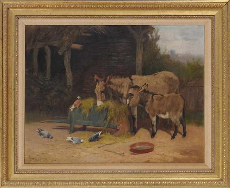 Appraisal: ARTHUR BATT - DONKEYS AND PIGEONS SHARE HAY Oil on