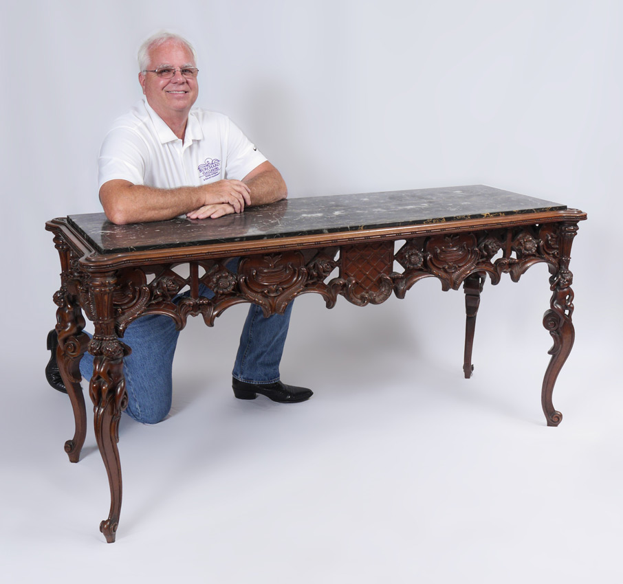 Appraisal: MARBLE TOP FIGURAL CARVED SOFA TABLE Shaped top with inset