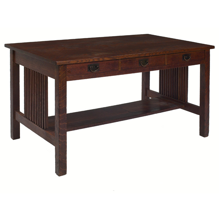 Appraisal: Gustav Stickley library table rectangular top with three drawers and