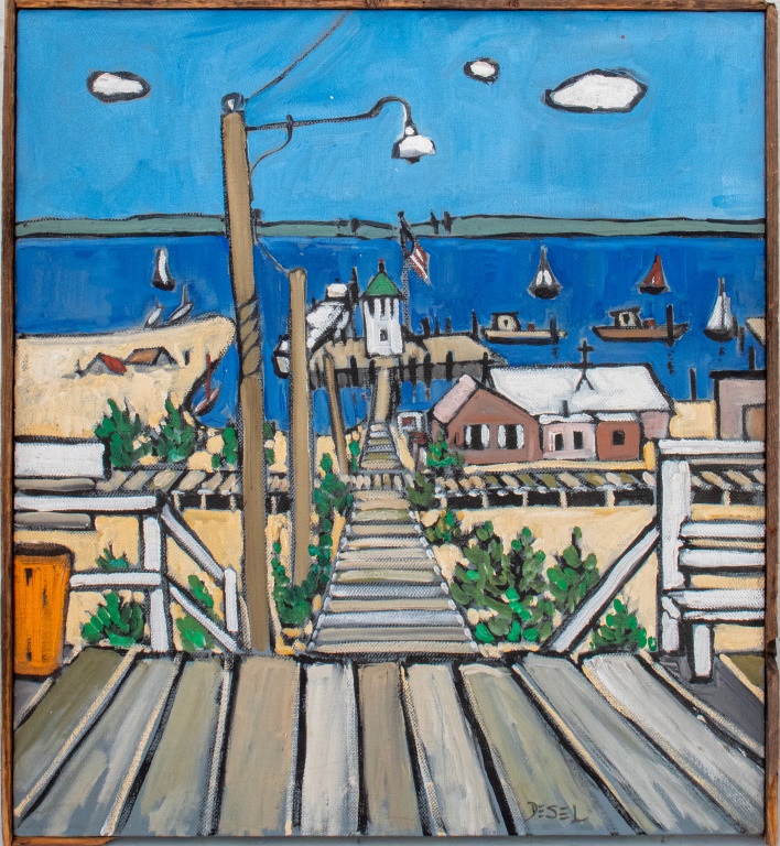 Appraisal: WALT DESEL BEACH PIER ACRYLIC ON TEXTILE Walt Desel American