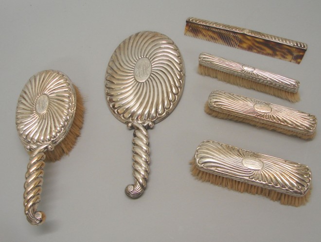 Appraisal: English sterling dresser set includes monogrammed pieces largest mirror measures