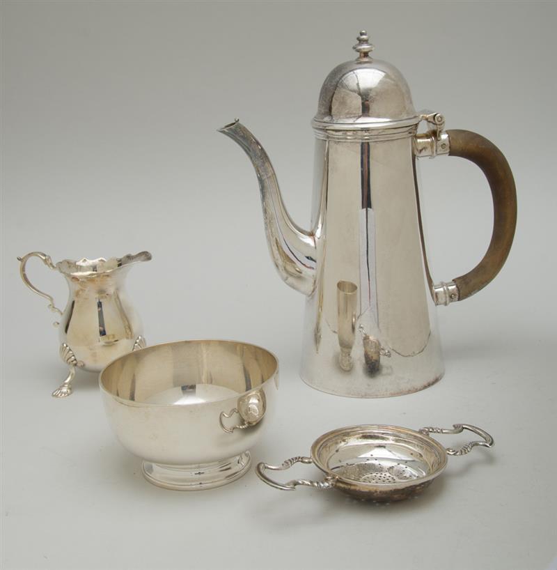 Appraisal: ENGLISH SILVER LIGHTHOUSE-FORM COFFEE POT A FOOTED BOWL TRIPOD CREAMER