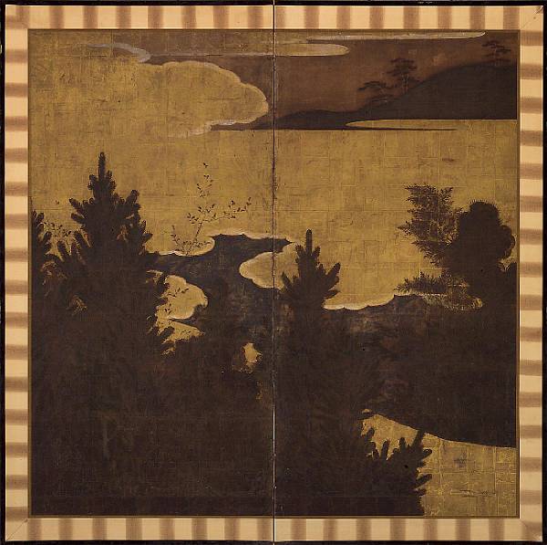 Appraisal: Anonymous Edo Period Trees by a Stream Large two panel