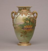 Appraisal: Nippon Handled Vase Circa th Century Hand-pained porcelain vase Bulbous