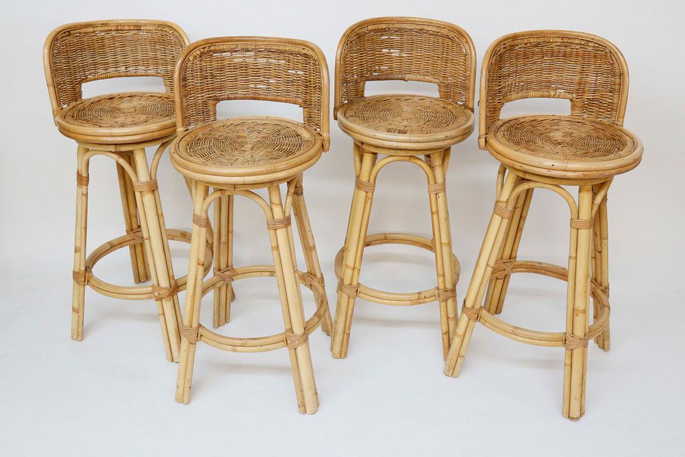 Appraisal: Four Contemporary Bamboo and Rattan Barstools Four Contemporary Bamboo and