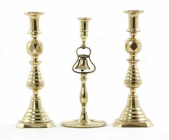 Appraisal: Pair English brass candlesticks and tavern sticks with bell pair