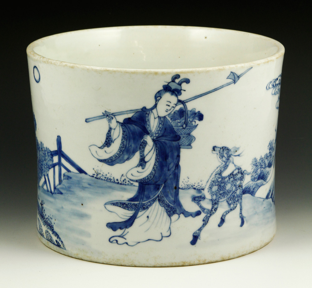 Appraisal: - Chinese Blue and White Porcelain Brush Pot Blue and