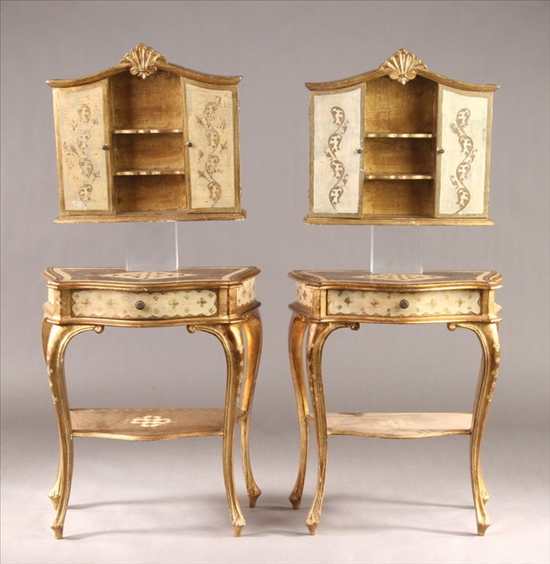 Appraisal: PAIR ITALIAN FLORENTINE PAINTED AND PARCEL-GILT HANGING WALL CABINETS WITH