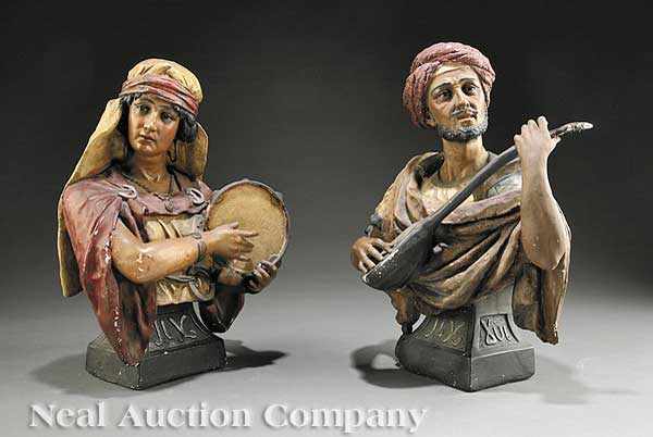 Appraisal: A Pair of Austrian Polychromed Plaster Busts of Arab Musicians