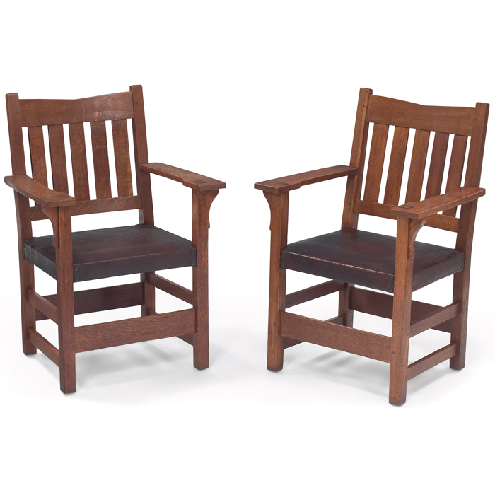 Appraisal: Gustav Stickley armchairs A pair V back form with five