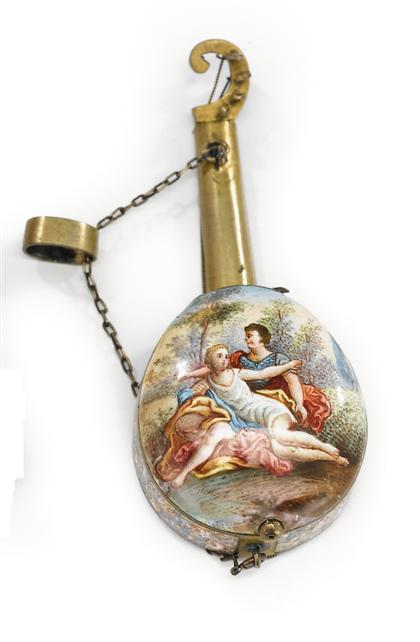 Appraisal: Austrian miniature mandolin form enamel clock th century Enameled throughout