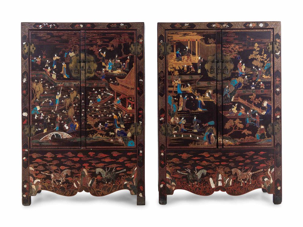 Appraisal: A Large Pair of Chinese Soapstone and Hardstone Inlaid Brown