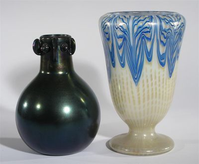 Appraisal: A Loetz glass pedestal vase glaring cylindrical form with inverted