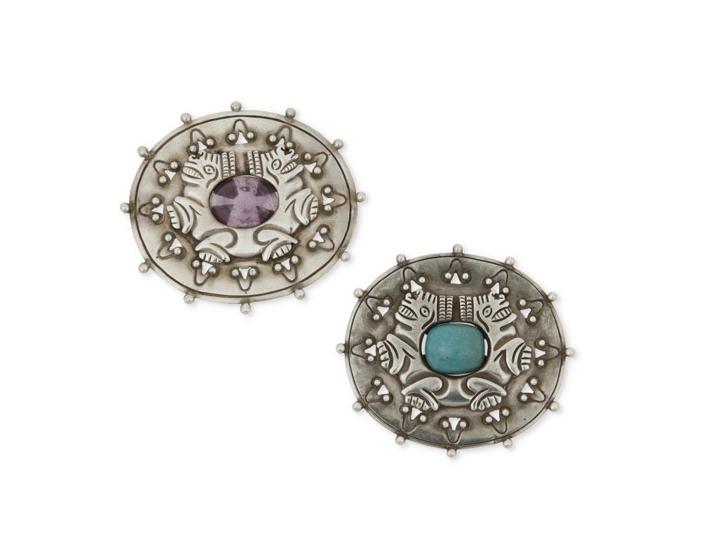 Appraisal: A pair of William Spratling silver and gem-set brooches William