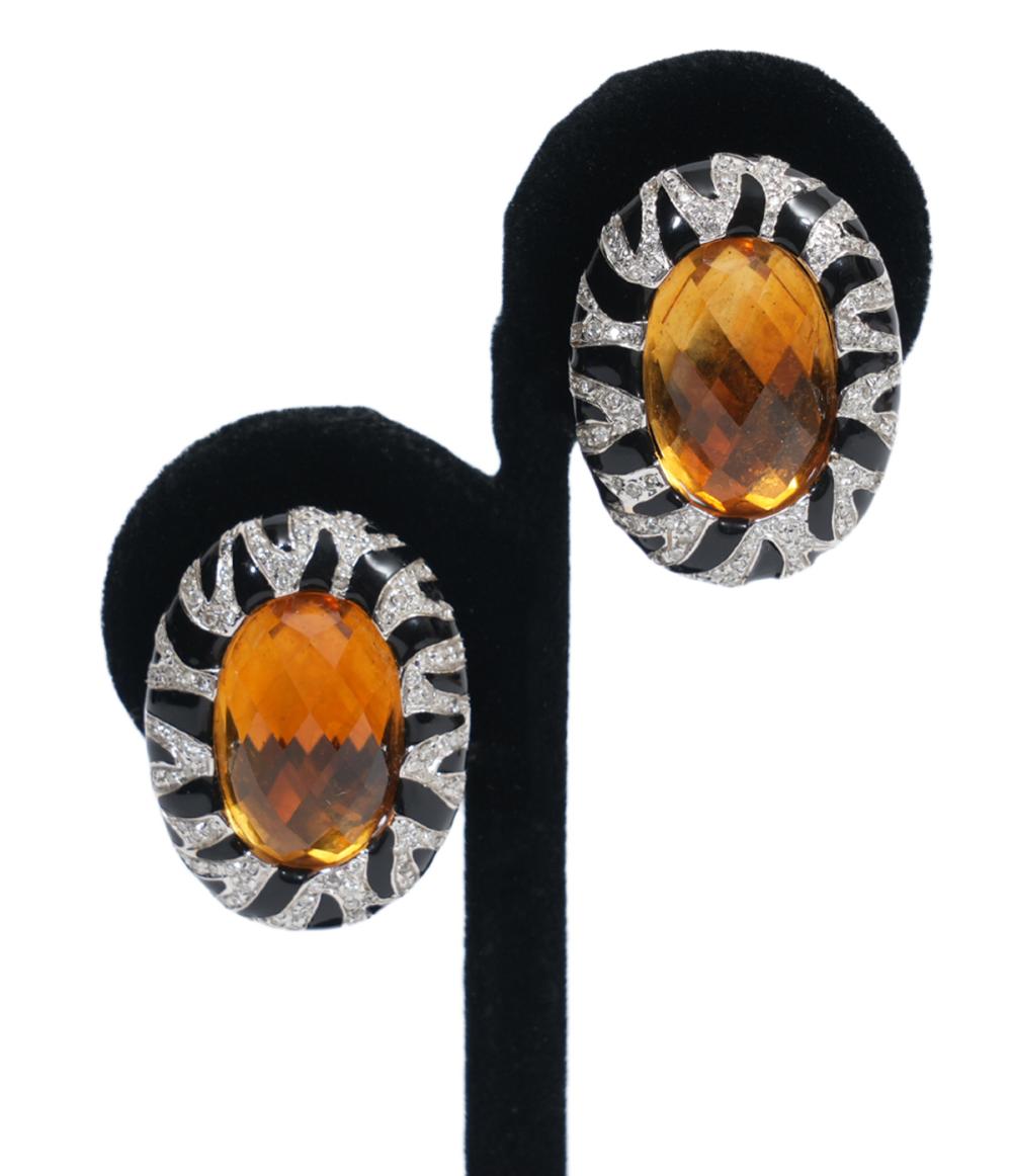 Appraisal: DIAMOND ENAMEL CITRINE K WG EARRINGS K white gold clip