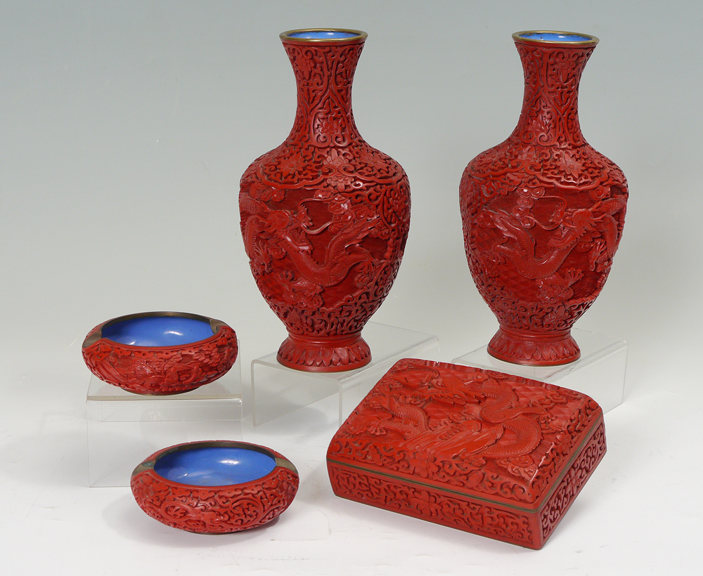 Appraisal: COLLECTION OF CINNABAR ITEMS piece collection of carved cinnabar to