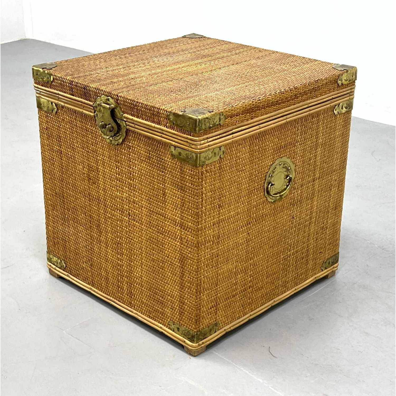 Appraisal: Wicker Asian Campaign Style Square Trunk Table Brass corners Dimensions