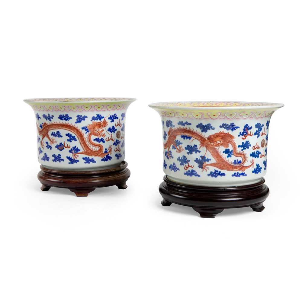 Appraisal: PAIR OF FAMILLE ROSE 'DRAGON' JARDINIERES LATE QING DYNASTY-REPUBLIC PERIOD