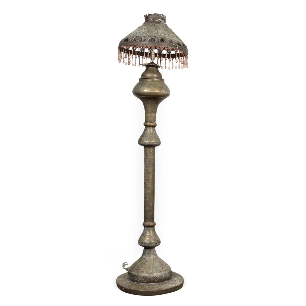 Appraisal: MOROCCAN PIERCED BRASS FLOOR LAMP WITH SHADE Moroccan tall pierced