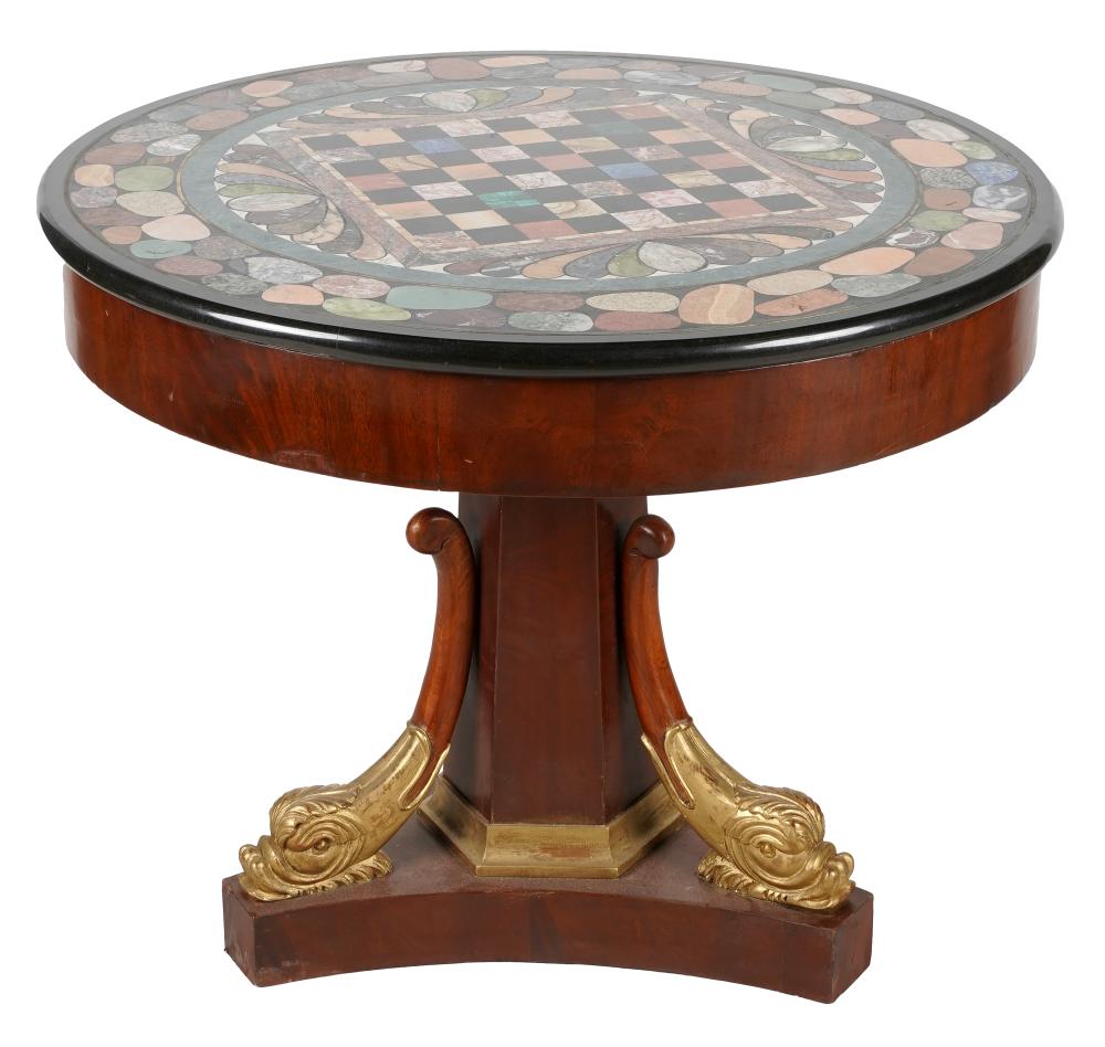 Appraisal: EMPIRE-STYLE TABLEthe specimen marble-inlaid top on a partially gilt pedestal