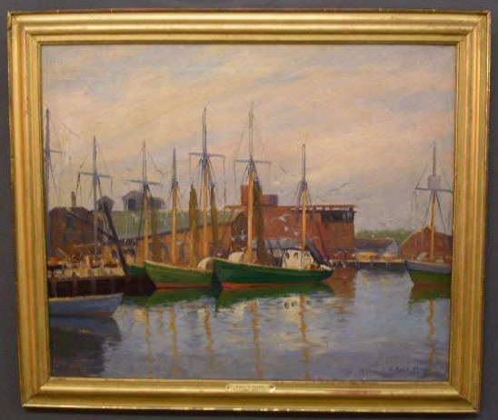 Appraisal: Oil on canvas painting of harbor scene with sailing vessels