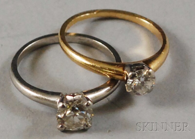 Appraisal: Two Diamond Solitaires one set with an old European-cut diamond