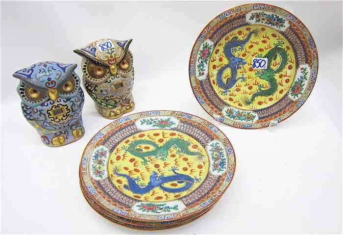 Appraisal: FOUR CHINESE PORCELAIN PLATES PAIR CHINESE CLOISONNE ENAMEL OWLS The