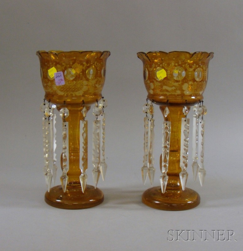 Appraisal: Pair of Bohemian Amber Flash Etched Glass Lustre Garnitures with