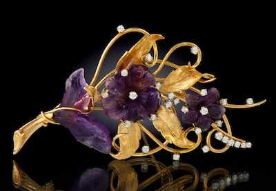 Appraisal: A Large Carved Amethyst Diamond and Gold Brooch k yellow