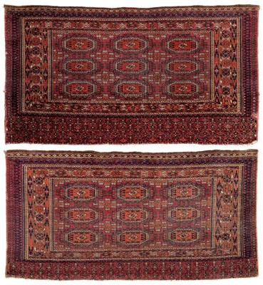 Appraisal: Two finely woven Turkoman rugs one with rows of guls