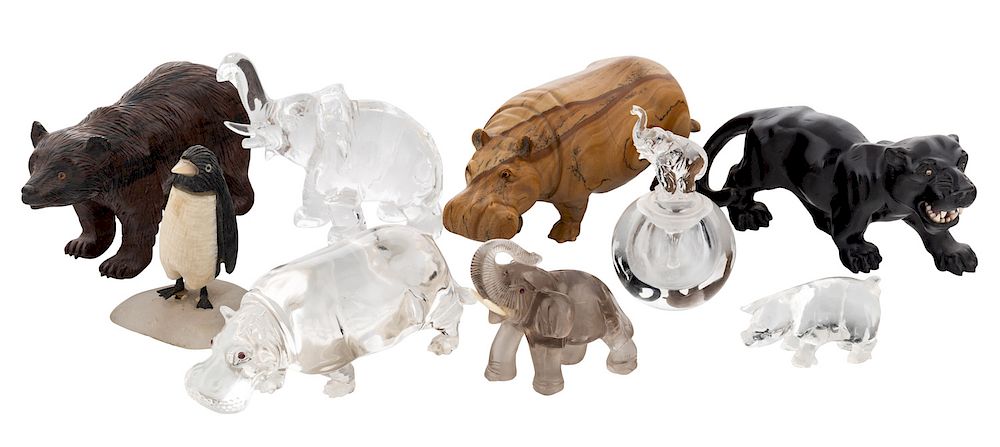 Appraisal: A GROUP OF NINE RUSSIAN HARDSTONE ANIMAL FIGURINES AND PERFUME