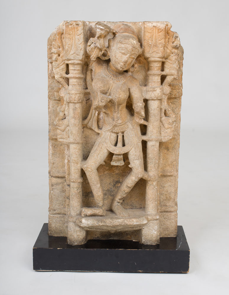 Appraisal: STEELE CARVED SANDSTONE FIGURE OF YAKSHI CENTRAL INDIA x x