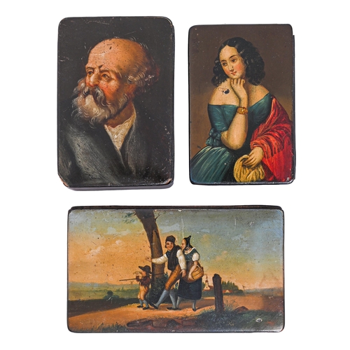 Appraisal: Three papier-mache snuff boxes mid th c the lid painted