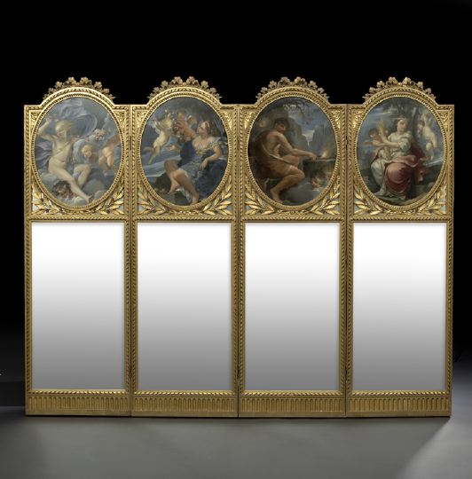 Appraisal: Elegant Belle Epoque Carved Giltwood Mirrored Glass and Oil-on-Copper Four-Panel