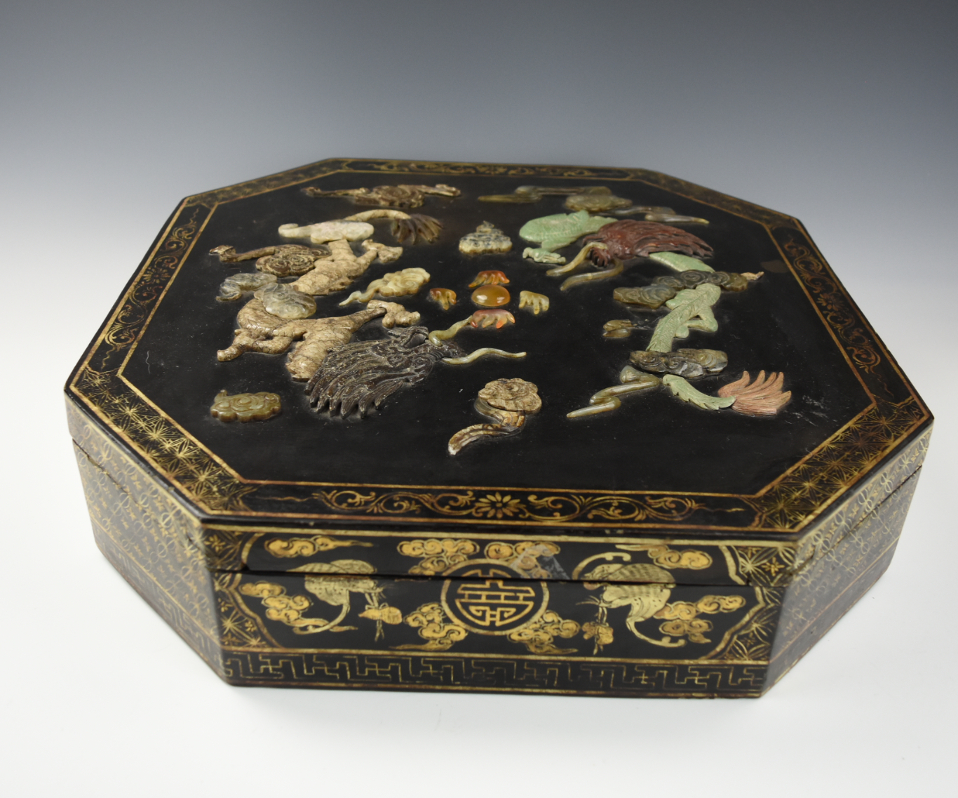 Appraisal: CHINESE GILT LACQUER COVER BOX INLAID JADE TH C Chinese