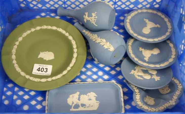 Appraisal: Tray comprising Wedgwood Jasperware Blue Coasters Ashtrays Pin Trays small