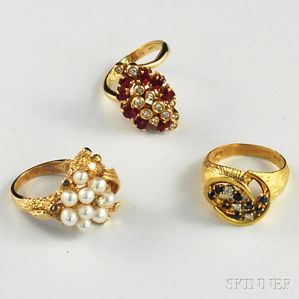 Appraisal: Three Gold Gem-set Rings an kt gold sapphire and diamond