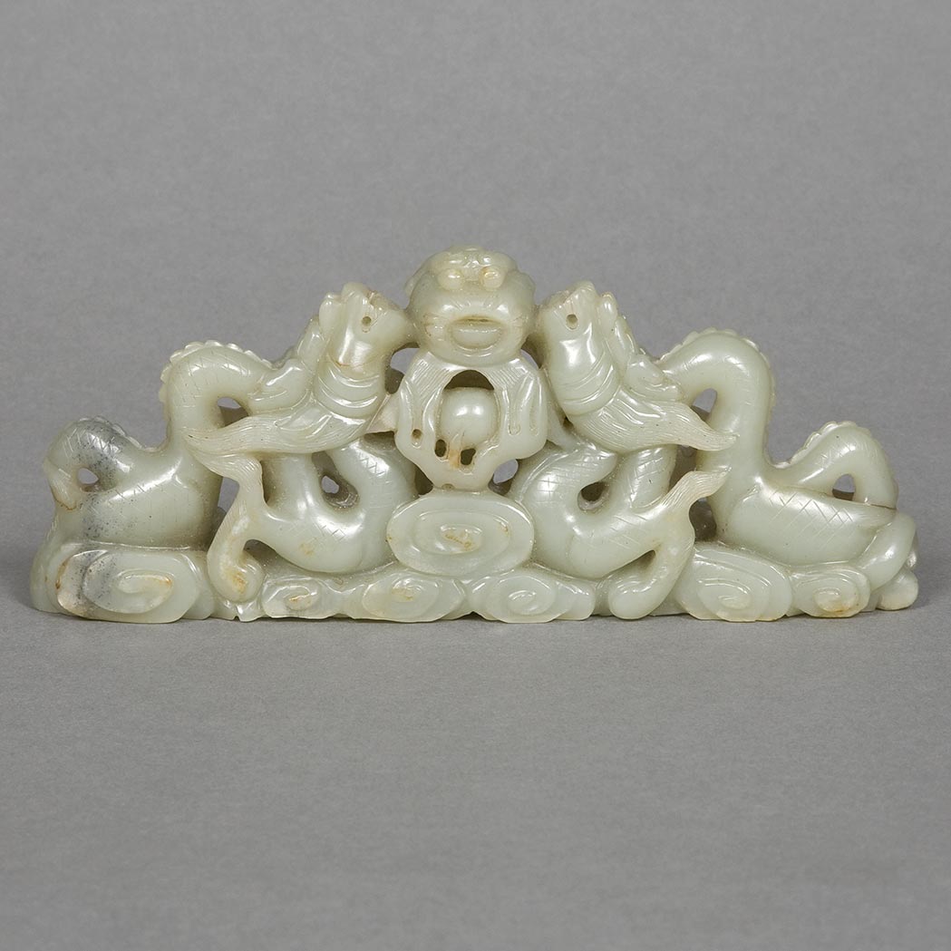 Appraisal: Chinese Celadon Jade Brushrest th Century Carved as opposing dragons