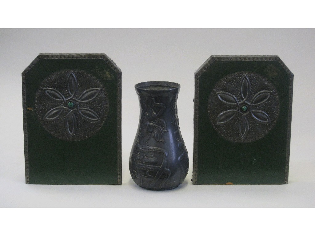 Appraisal: Art Nouveau pewter vase and a pair of pewter mounted