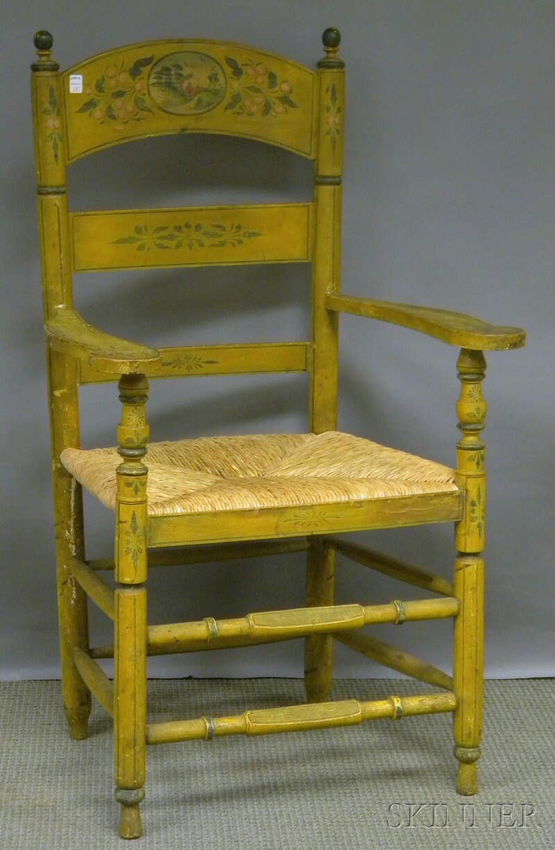 Appraisal: Yellow-paint and Decorated Ladder-back Armchair with Woven Rush Seat