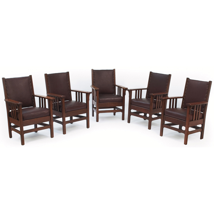 Appraisal: J M Young armchairs set of five three vertical slats